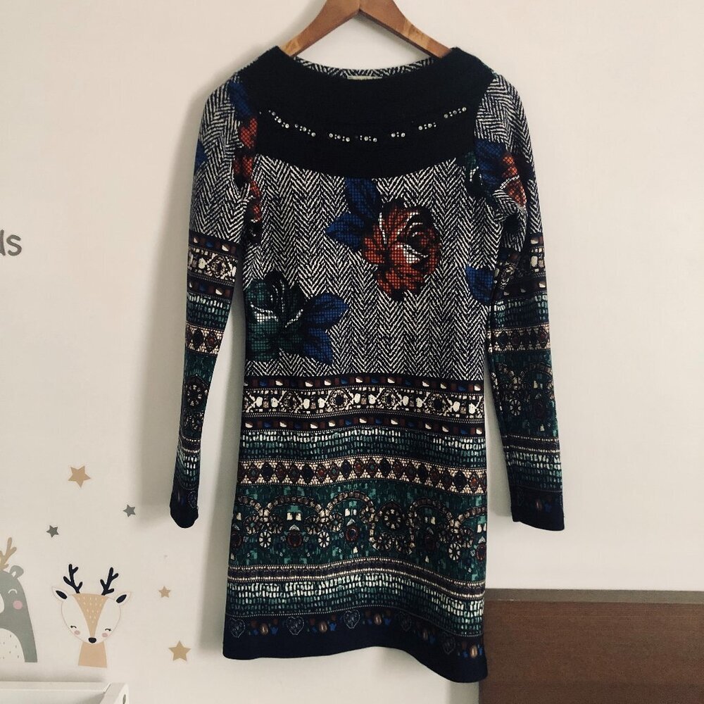 TATU Tunic Dress Women's Size 2 Boho Floral Winter Long Sleeve Herringbone